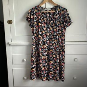 Loft multicolor floral babydoll dress with buttons and side ties, size XS. VGUC